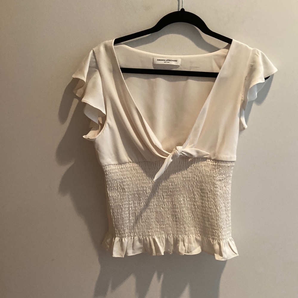 Amanda Uprichard Cream Flutter Sleeve Blouse with Tie Front